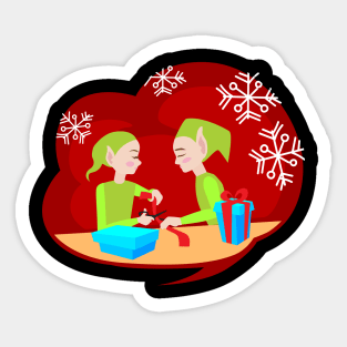 Elves wrapping presents Sticker